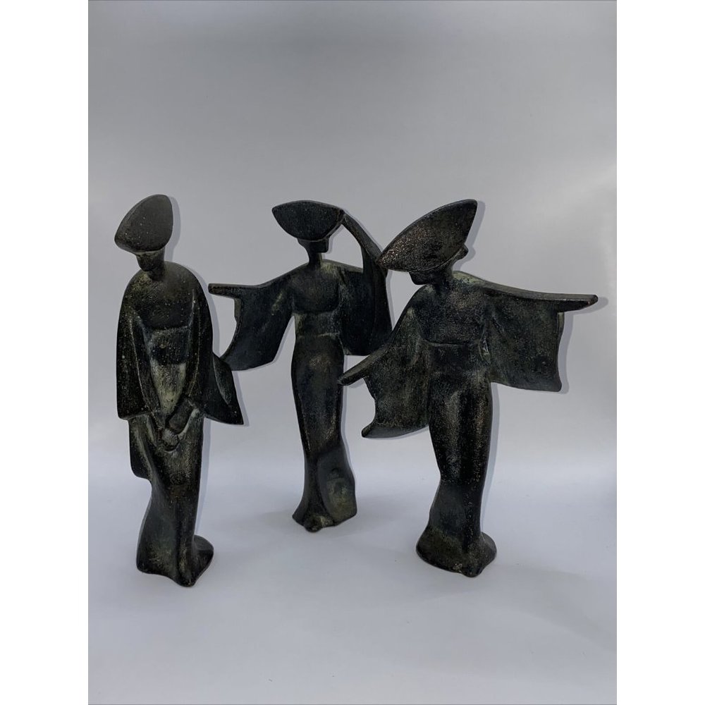 Vtg MCM Japanese Cast Iron Geisha Girls Art Deco Figurine Set of 3